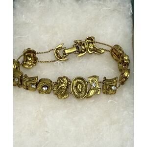 Vtg Gold Tone Slide Charm Bracelet Western Cowboy /Boot/Hats /Indian /Saddle 7”
